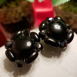 Vtg Black Faceted Crystal Cabochon Earrings Japan!